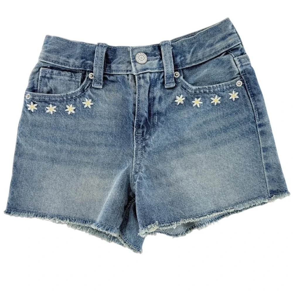 Old Navy Girls Size 6 High Rise Daisy‎ Embroidered Denim Shorts Medium Wash Blue